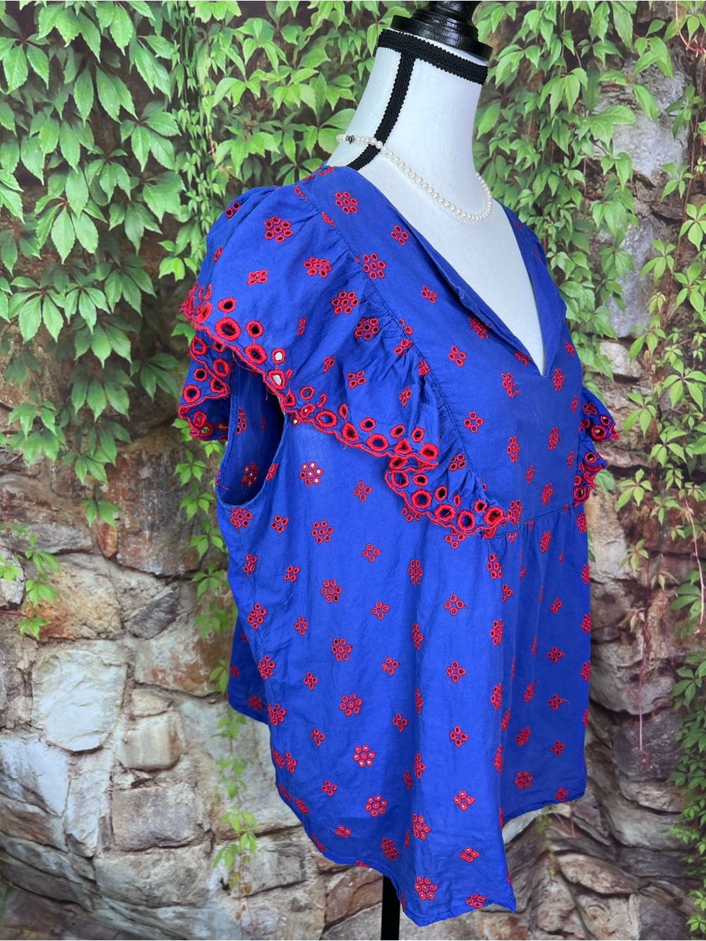 JW STYLE Bohemian Resortwear Blue Ruffled Sleeve Tope with Red Embroidery, XL - Picture 10 of 12